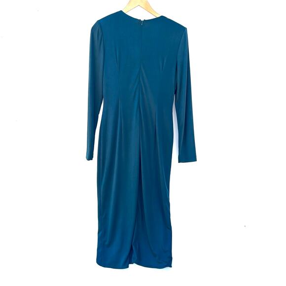 Badgley Mischka Slinky Satin Draped Midi Wrap Cocktail Dress Emerald Green 8 - Picture 4 of 12